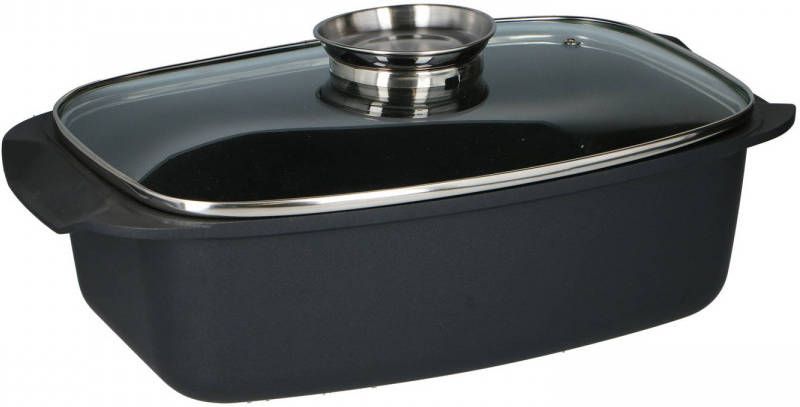 alpina Braadslede Braadpan Met Glazen Deksel Aromaknop 5, 5 Liter Zwart