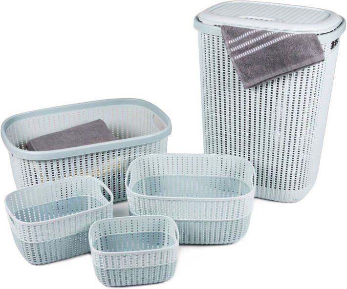 alpina Wasmandenset 5 Stuks 1 Met Deksel Gebreid Dessin Blauw