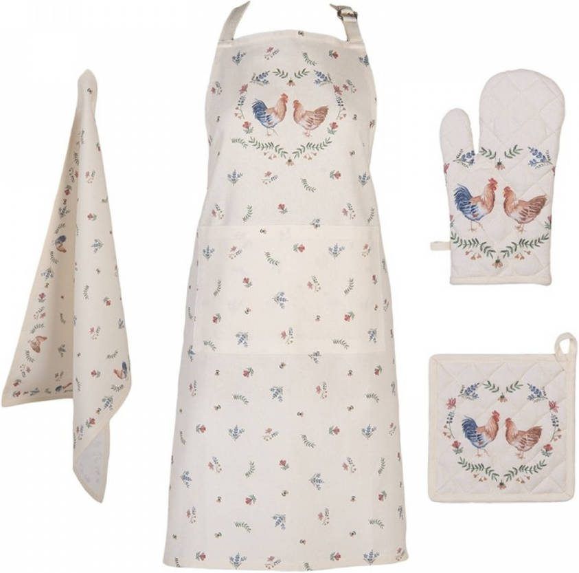 Clayre & Eef Cremekleurige Schort, Keukendoek, Ovenhandschoen En Pannenlap Carset