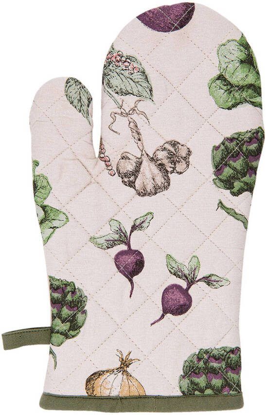 Clayre & Eef Ovenwant 16x30 Cm Beige Groen Katoen Groentes Ovenhandschoen Cadeau Voor Haar Beige Ovenhandschoen Cadeau