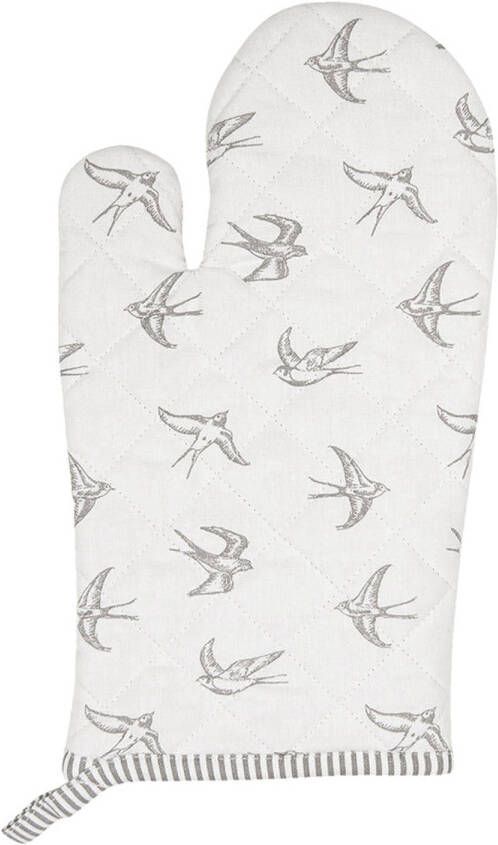 Clayre & Eef Ovenwant 16x30 Cm Grijs Wit Katoen Zwaluw Ovenhandschoen Cadeau Voor Haar Grijs Ovenhandschoen Cadeau Voor