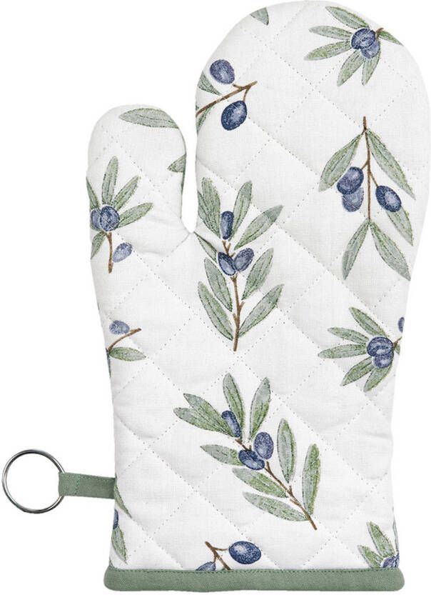 Clayre & Eef Ovenwant 16x30 Cm Groen Wit Katoen Olijf Ovenhandschoen Cadeau Voor Haar Groen Ovenhandschoen Cadeau Voor