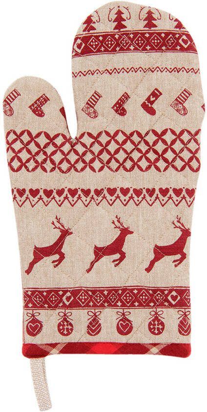 Clayre & Eef Ovenwant 16x30 Cm Rood Beige Katoen Kerst Ovenhandschoen Cadeau Voor Haar Rood Ovenhandschoen Cadeau Voor