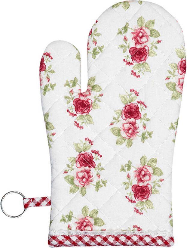 Clayre & Eef Ovenwant 16x30 Cm Rood Katoen Rozen Ovenhandschoen Cadeau Voor Haar Rood Ovenhandschoen Cadeau Voor Haar