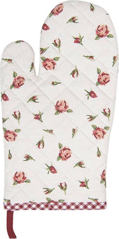 Clayre & Eef Ovenwant 16x30 Cm Rood Wit Katoen Rozen Ovenhandschoen Cadeau Voor Haar Rood Ovenhandschoen Cadeau Voor