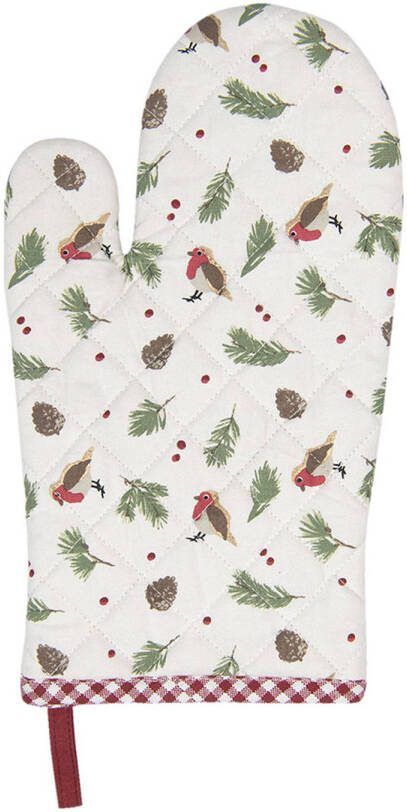 Clayre & Eef Ovenwant 16x30 Cm Rood Wit Katoen Vogel Ovenhandschoen Cadeau Voor Haar Rood Ovenhandschoen Cadeau Voor