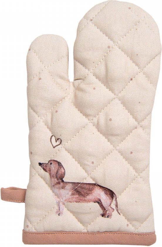 Clayre & Eef Ovenwant 18x30 Cm Beige Katoen Teckel Ovenhandschoen Cadeau Voor Haar Beige Ovenhandschoen Cadeau Voor