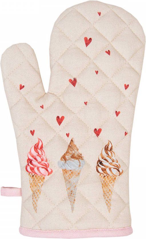 Clayre & Eef Ovenwant 18x30 Cm Beige Roze Katoen Ijsjes Ovenhandschoen Cadeau Voor Haar Beige Ovenhandschoen Cadeau