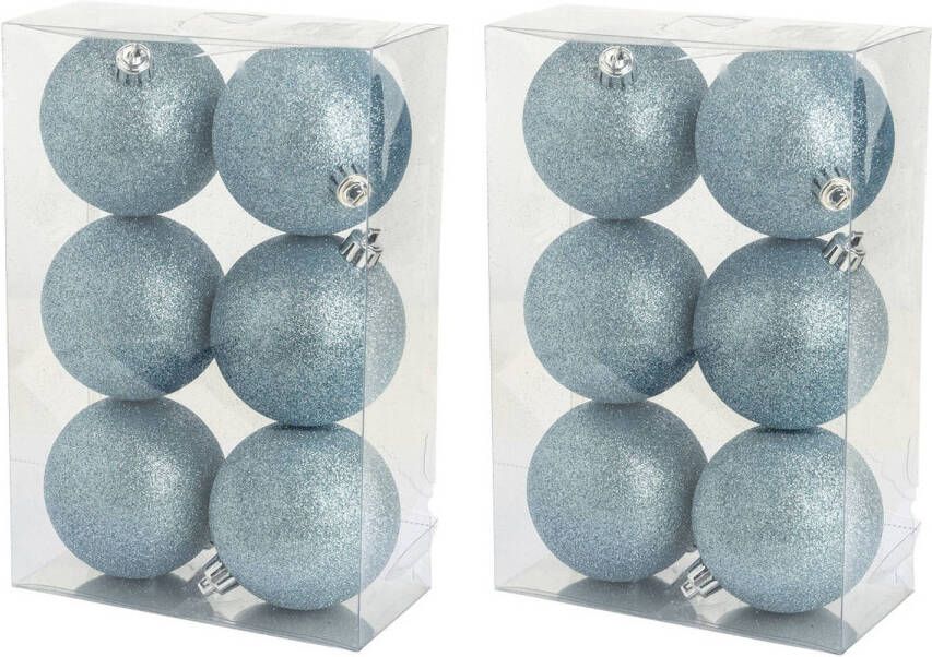 Cosy & Trendy 12x Stuks Kunststof Glitter Kerstballen Ijsblauw 8 Cm Kerstbal