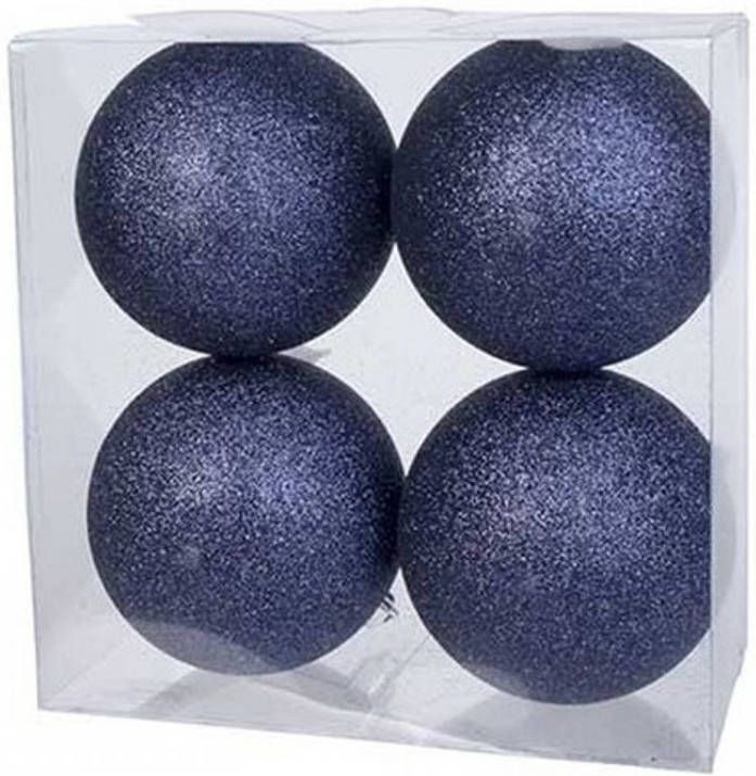 Cosy & Trendy 4x Donkerblauwe Glitter Kerstballen 10 Cm Kunststof Kerstbal