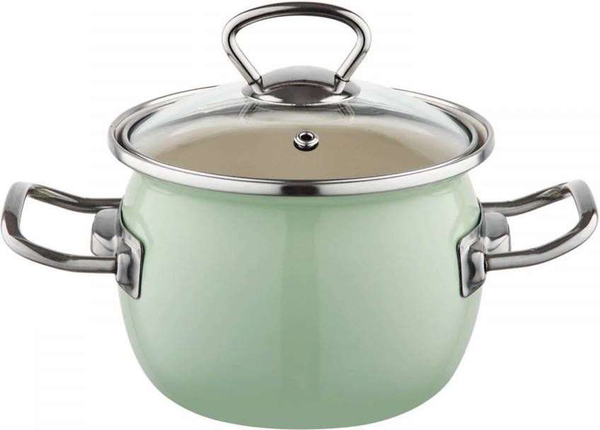 Emalia Berry 16 Cm 1.5l Retro Geëmailleerde Exclusieve Kookpan Met Glazen Deksel Mint Groen