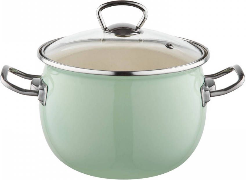 Emalia Berry 20 Cm 3.5l Retro Geëmailleerde Exclusieve Kookpan Met Glazen Deksel Mint Groen