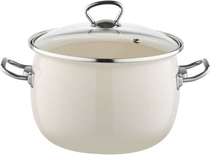 Emalia Berry 24 Cm 5l Retro Geëmailleerde Exclusieve Kookpan Met Glazen Deksel Crème/Beige