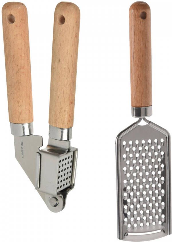 Excellent Houseware 2 delige Keukengerei Set Knoflookpers 16 Cm/handrasp 22 Cm Knoflookpersen