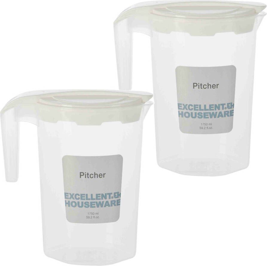 2x Stuks Waterkan/sapkan Met Deksel Transparant 1, 75 L Kunststof Schenkkannen