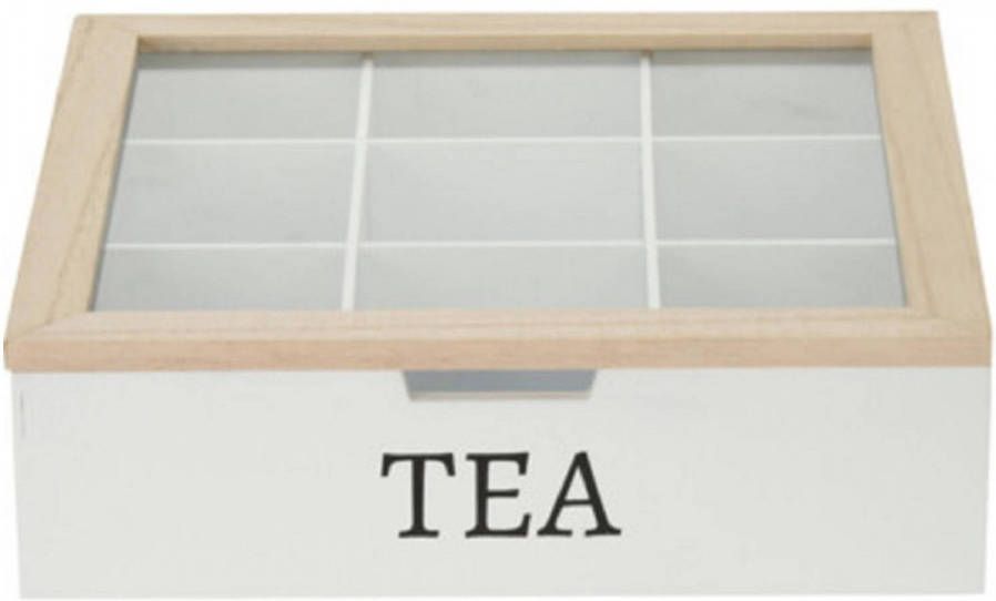 Excellent Houseware Houten Theedoos/theekist Wit/bruin Met 9 Vakken 24 X 24 X 7 Cm Theedozen