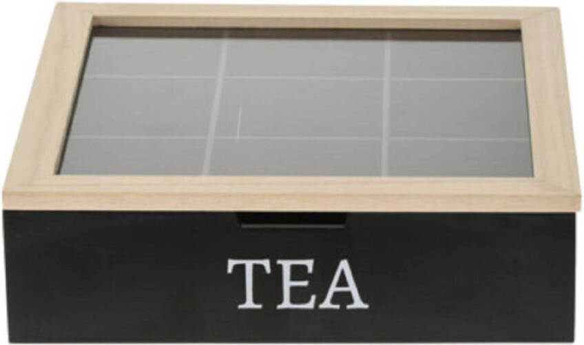 Excellent Houseware Houten Theedoos/theekist Zwart/bruin Met 9 Vakken 24 X 24 X 7 Cm Theedozen
