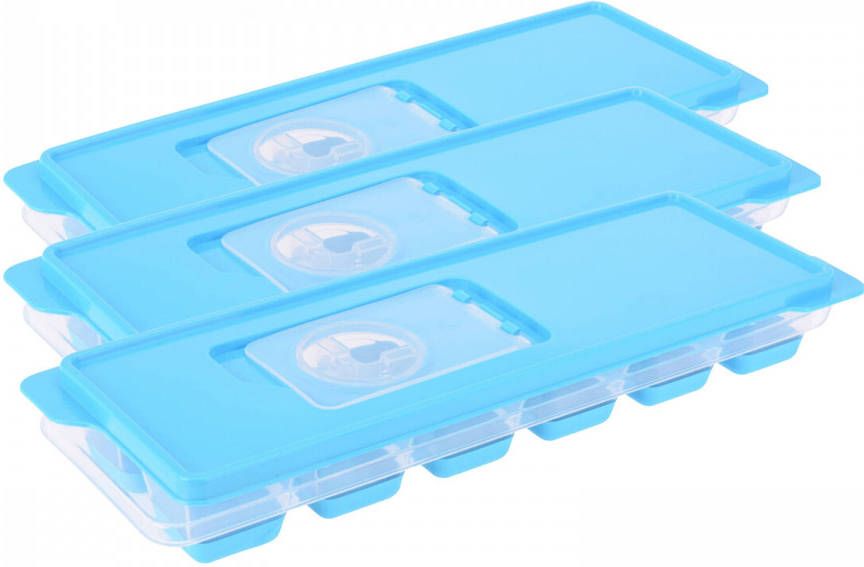 Excellent Houseware Set Van 3x Stuks Trays Met Ijsklontjes/ijsblokjes Vormpjes 12 Vakjes Kunststof Blauw Met Afsluitdeks Ijsblokjesvormen