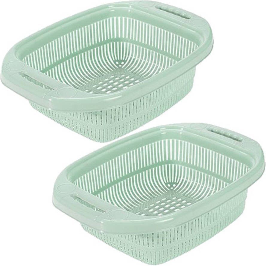 Hega Hogar 2x Stuks Kunststof Keuken Vergieten/zeven In Het Mintgroen 39 X 27 X 12 Cm Met Rand Vergieten