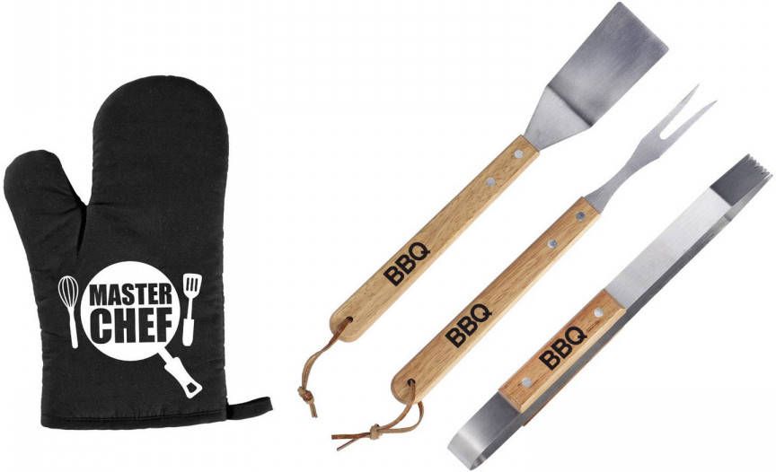 Merkloos Luxe Barbecue Gereedschap Set Met Houten Handgrepen 3 delig Rvs Met Bbq Handschoen Masterchef Barbecuegereedschapset