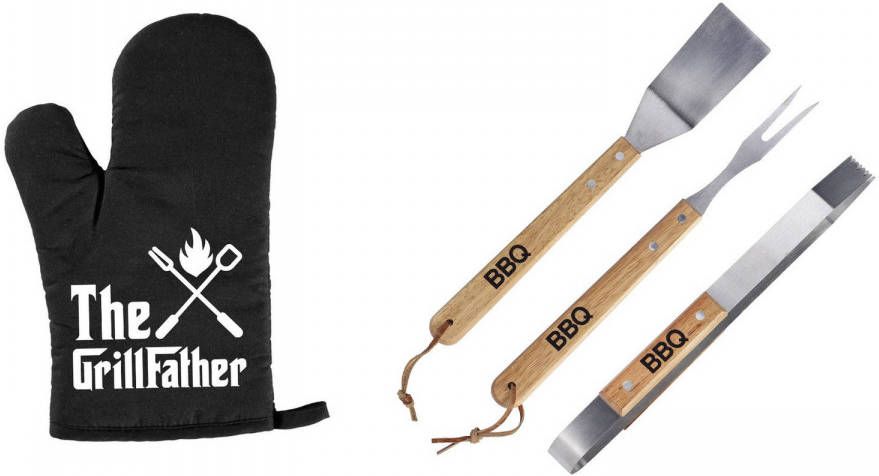 Merkloos Luxe Barbecue Gereedschap Set Met Houten Handgrepen 3 delig Rvs Met Bbq Handschoen The Grillfather Barbecuegereedschap