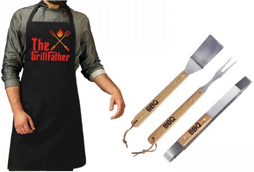 Merkloos Luxe Barbecue Gereedschap Set Met Houten Handgrepen 3 delig Rvs Met Zwart Schort The Grillfather Barbecuegereedschapse