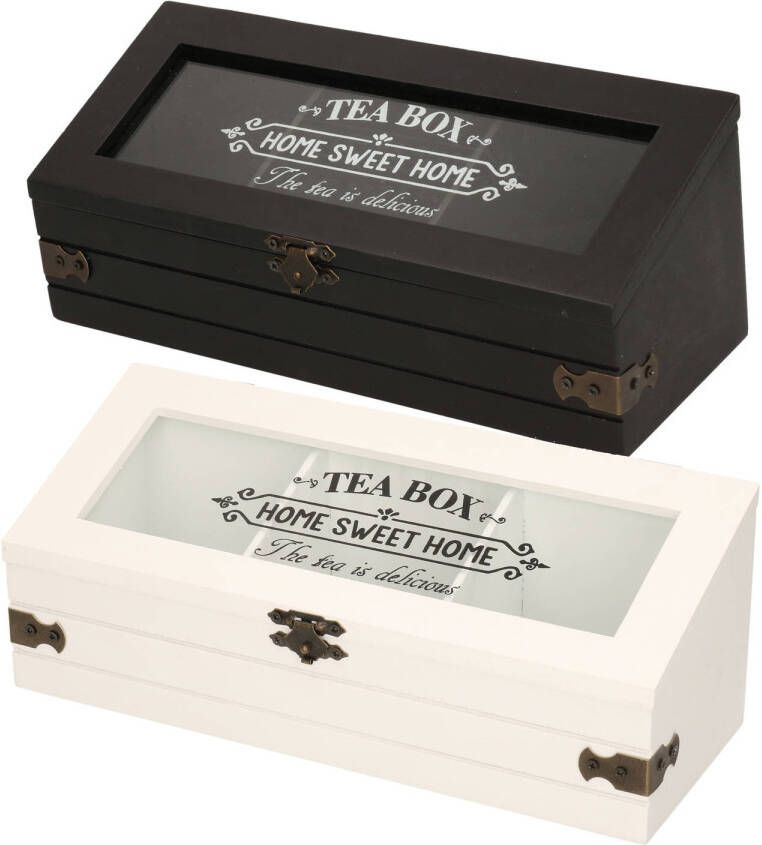 Excellent Houseware Set Van 2x Stuks Houten Theedozen/theekisten Wit/antraciet Grijs Met 3 Vakken 24 X 9 X 9 Cm Theedozen