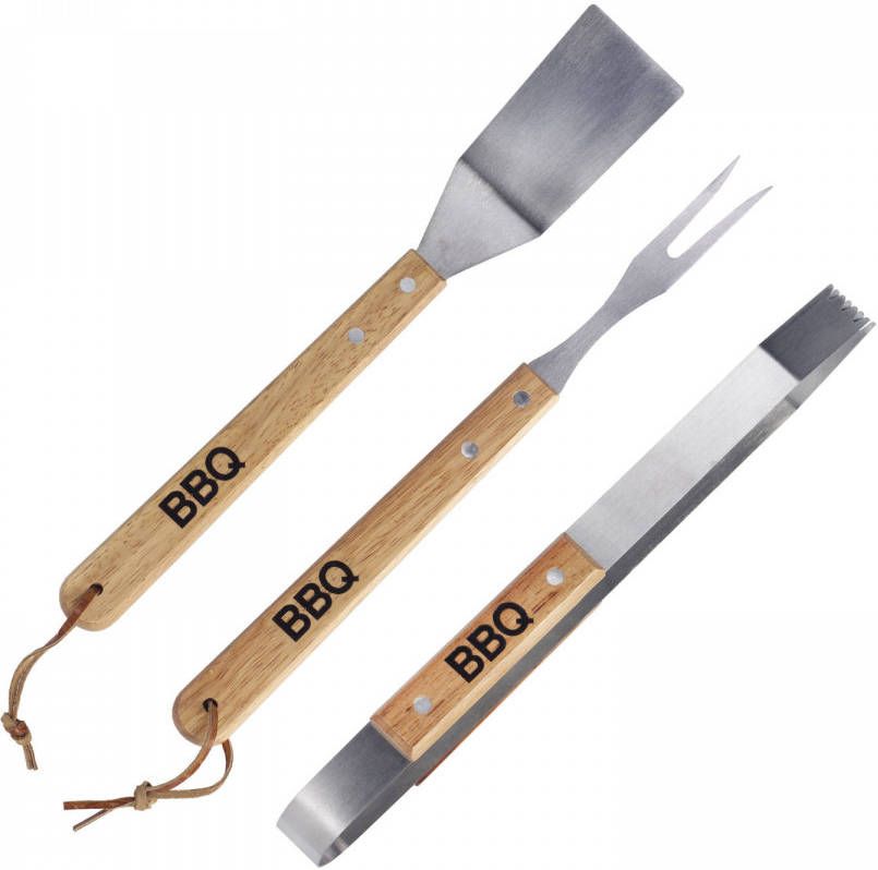 Trendoz Luxe Barbecue Gereedschap Set Met Houten Handgrepen 3 delig Rvs Barbecuegereedschapset