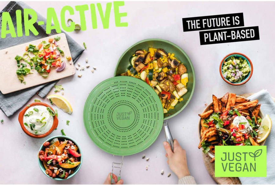 JUST VEGAN Spatdeksel AirActive ook als vergiet, stoominzet en afkoelrooster te gebruiken(set, 7 delig )